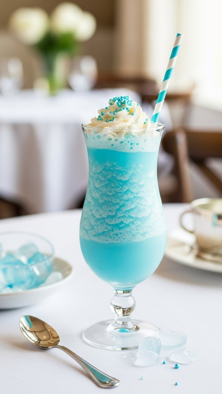 Frosted baby blue colada mocktail with whipped cream topping in hurricane glass