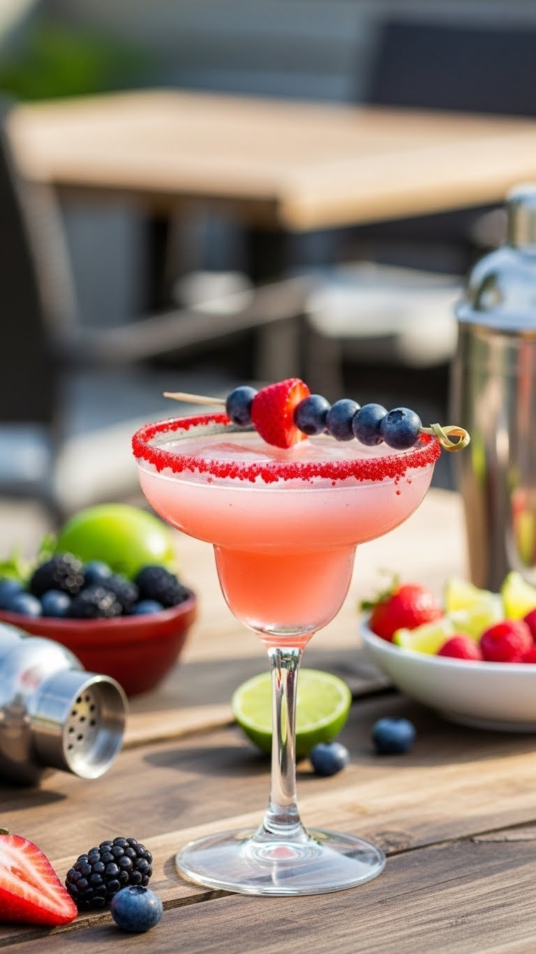 Frosted margarita glass with red sugar rim and pink margarita topped with berry skewer on rustic wooden table