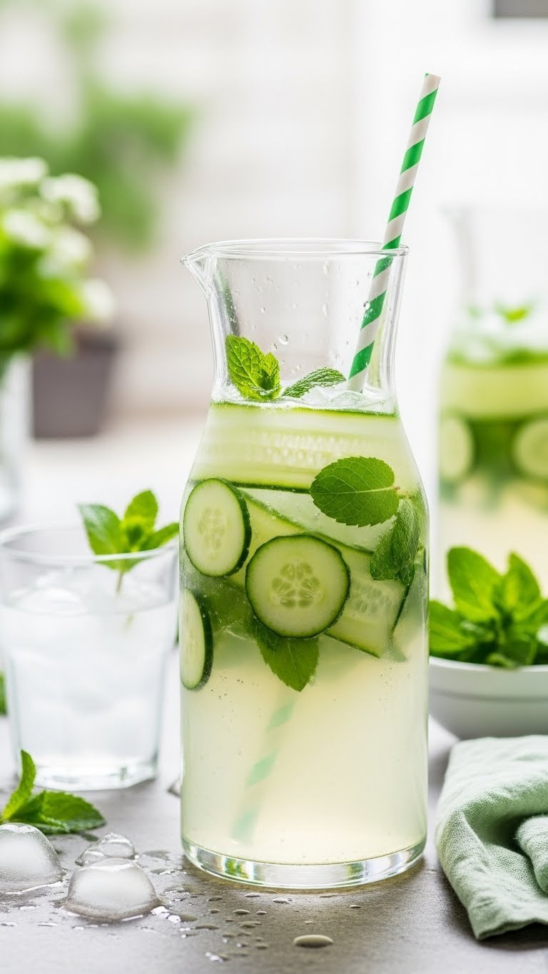 Frosted pitcher of cucumber mint agua fresca with cucumber slices and mint leaves on stone surface