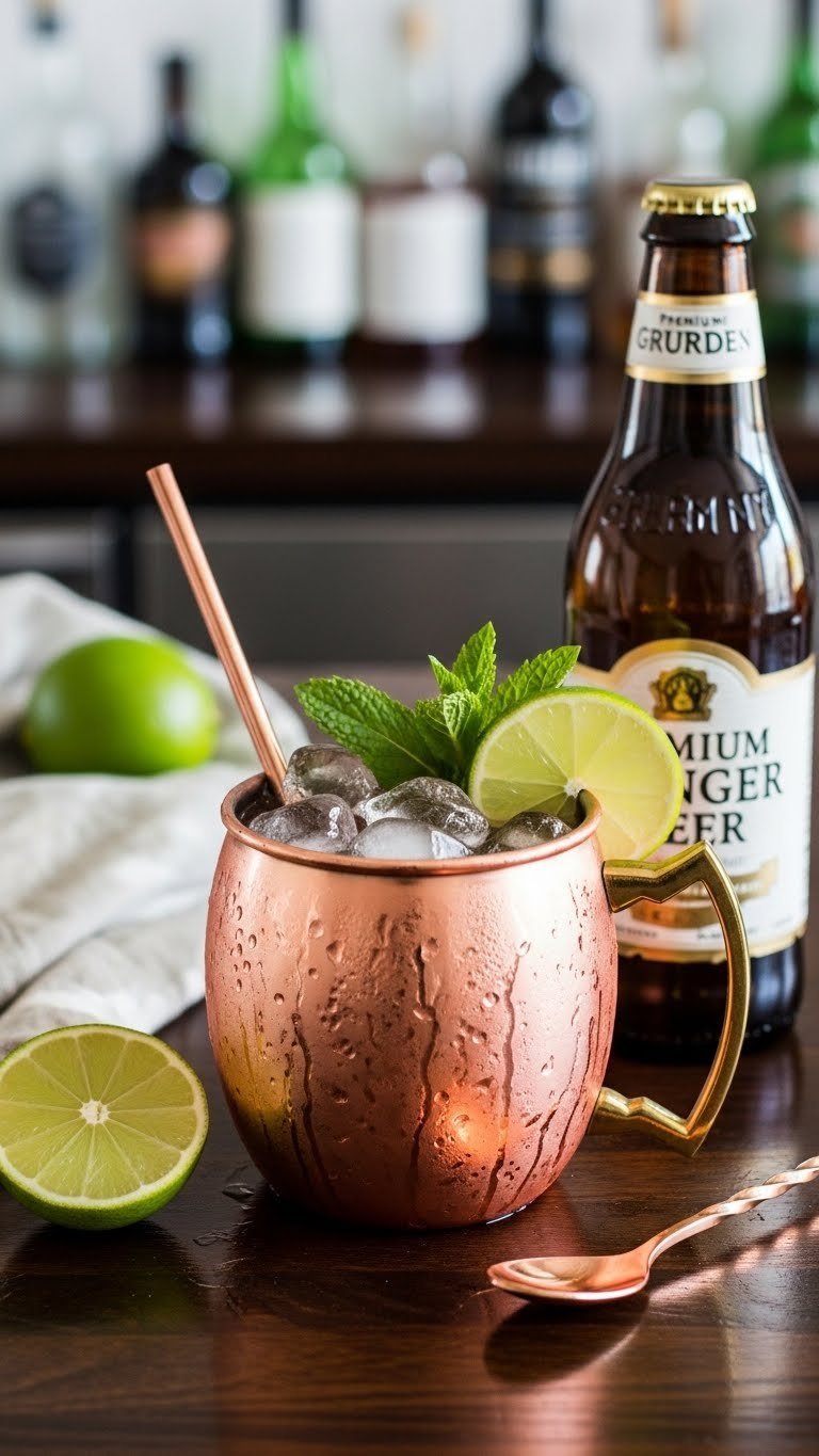Frosty Mexican Mule cocktail served in copper mug with lime wedge, mint sprig, and ginger beer on polished bar top