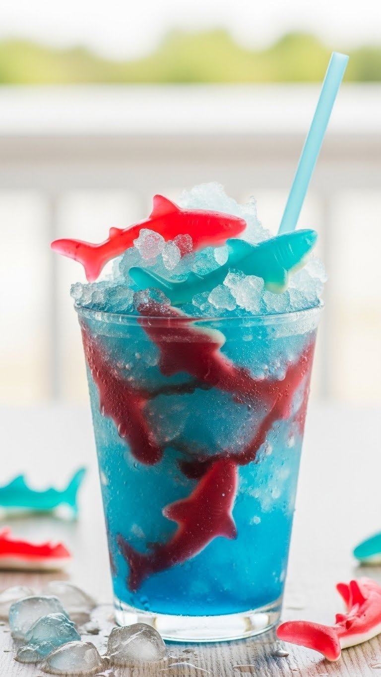 Frosty blue slushie with red swirl and gummy sharks swimming through icy mixture in clear cup