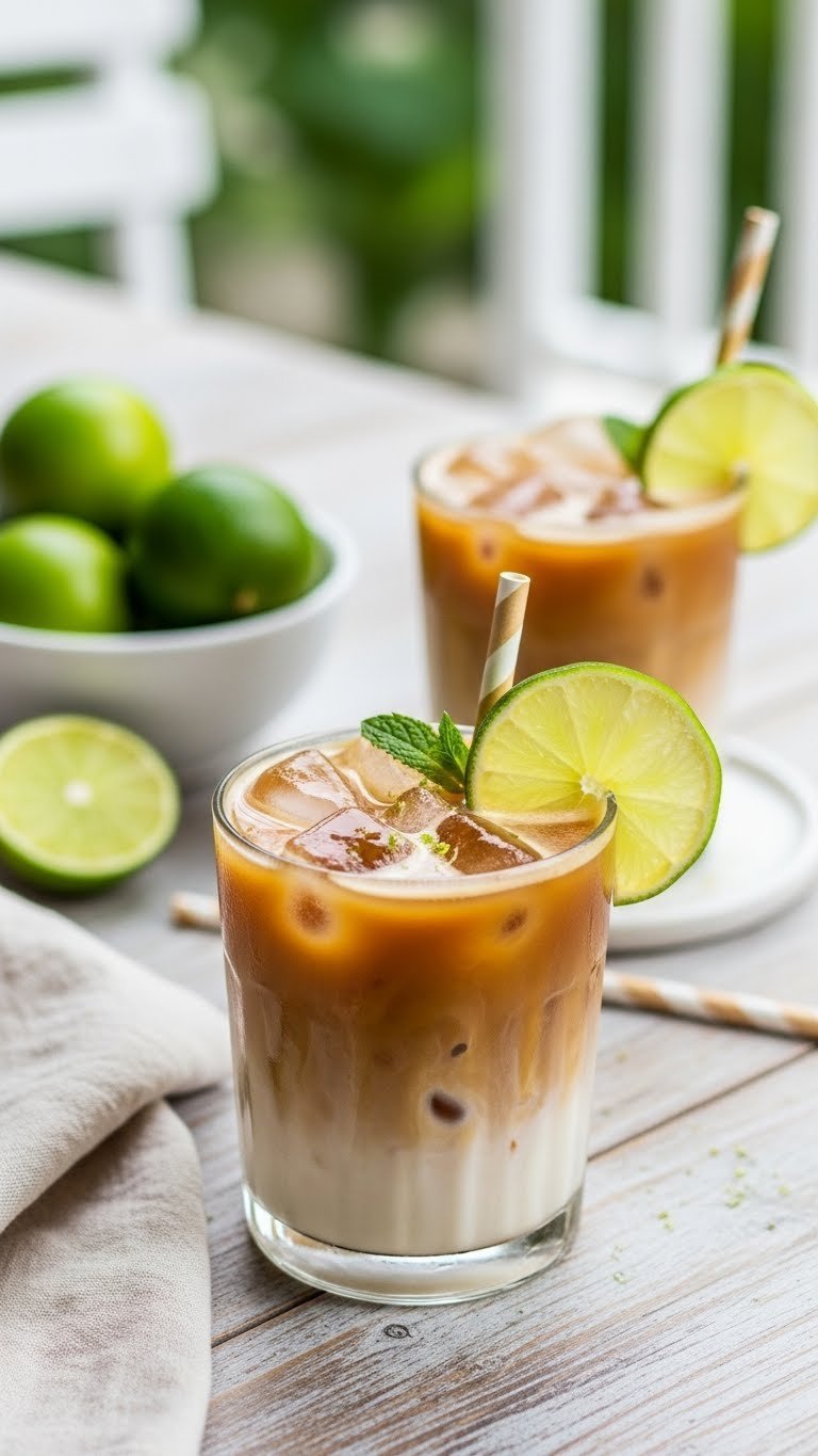 Frosty clear glass of coconut lime iced coffee with light brown coffee base and creamy coconut milk swirl garnished with lime