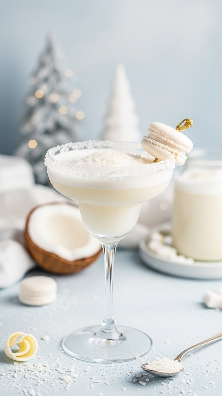 Frosty coconut snowball drink in chilled margarita glass with coconut flake rim and delicate garnish