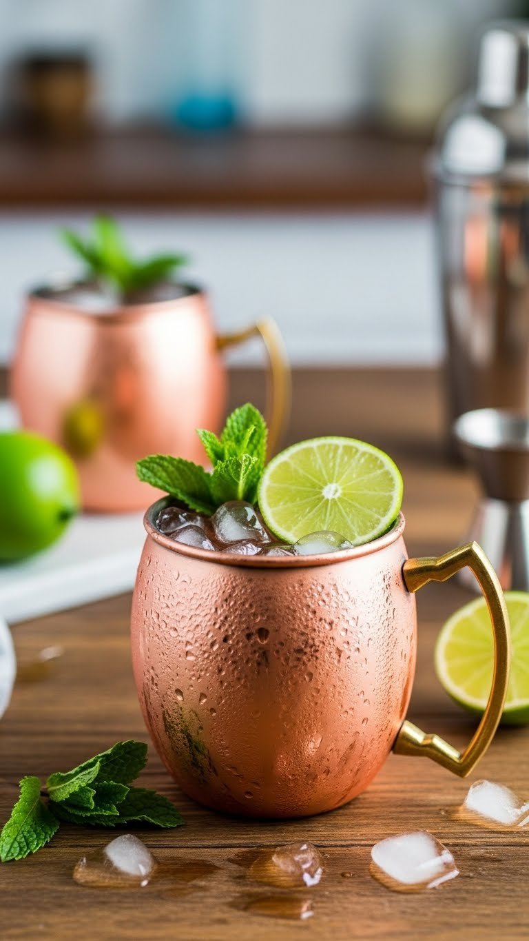 Frosty copper Moscow Mule cocktail with lime wedge and mint sprig showing condensation and ginger beer bubbles in professional close-up photography