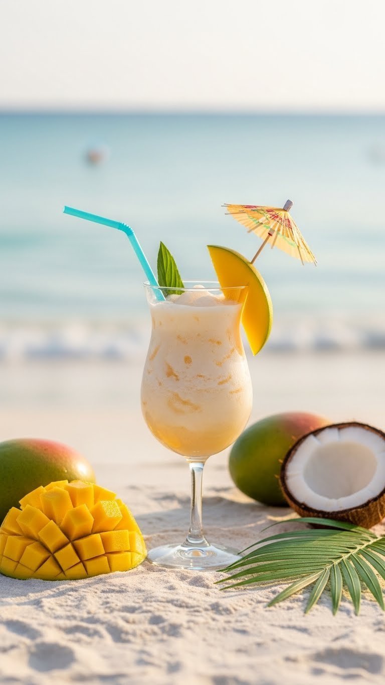 Frosty mango coconut daiquiri in stemmed cocktail glass with mango slice and umbrella on beach setting