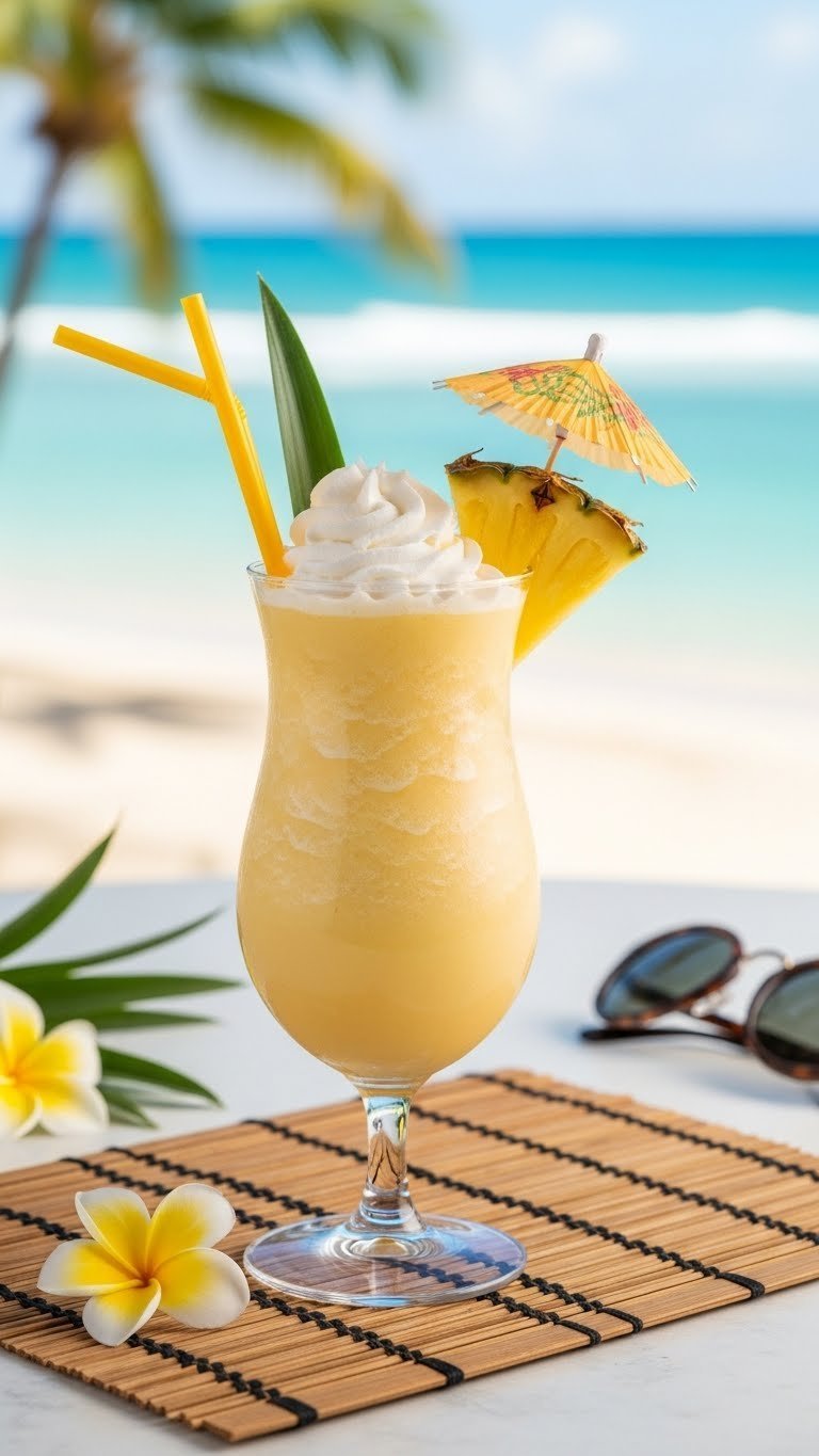 Frosty tropical mocktail in hurricane glass with whipped coconut cream, pineapple wedge, and beach background