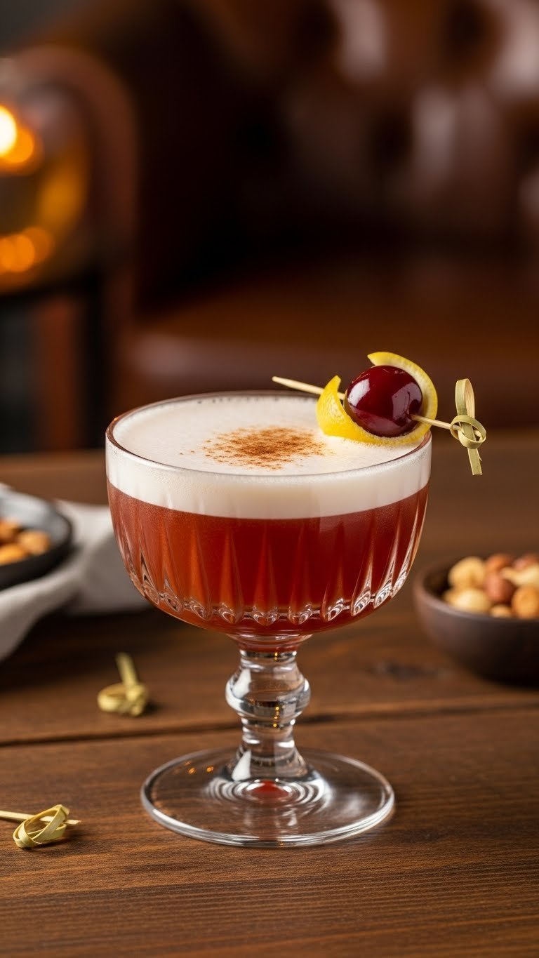 Frothy Amaretto Sour cocktail in coupe glass with cherry garnish on rustic wooden table in warm lighting