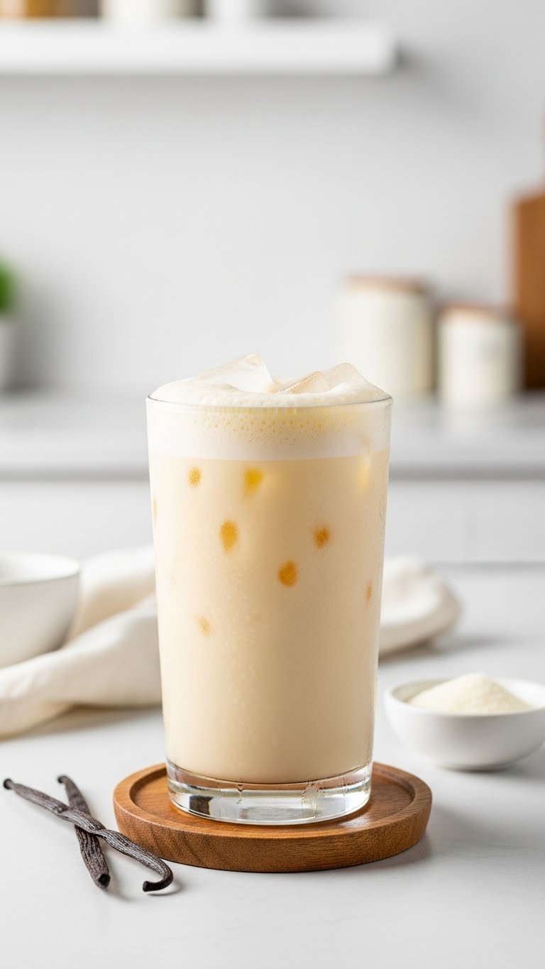 Frothy keto vanilla cream soda in tall clear glass with ice cubes and condensation on light wooden coaster