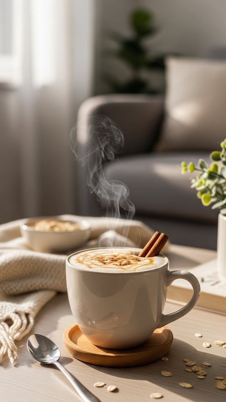 Frothy oat milk steamer in ceramic mug with caramel drizzle on wooden coaster in cozy living room