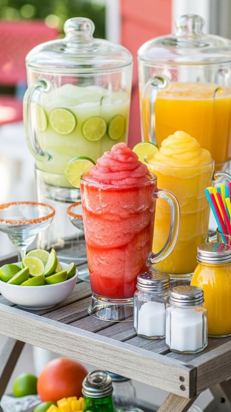 Frozen margarita bar station with colorful slushy drinks in dispensers, salt-rimmed glasses, and fresh lime wedges