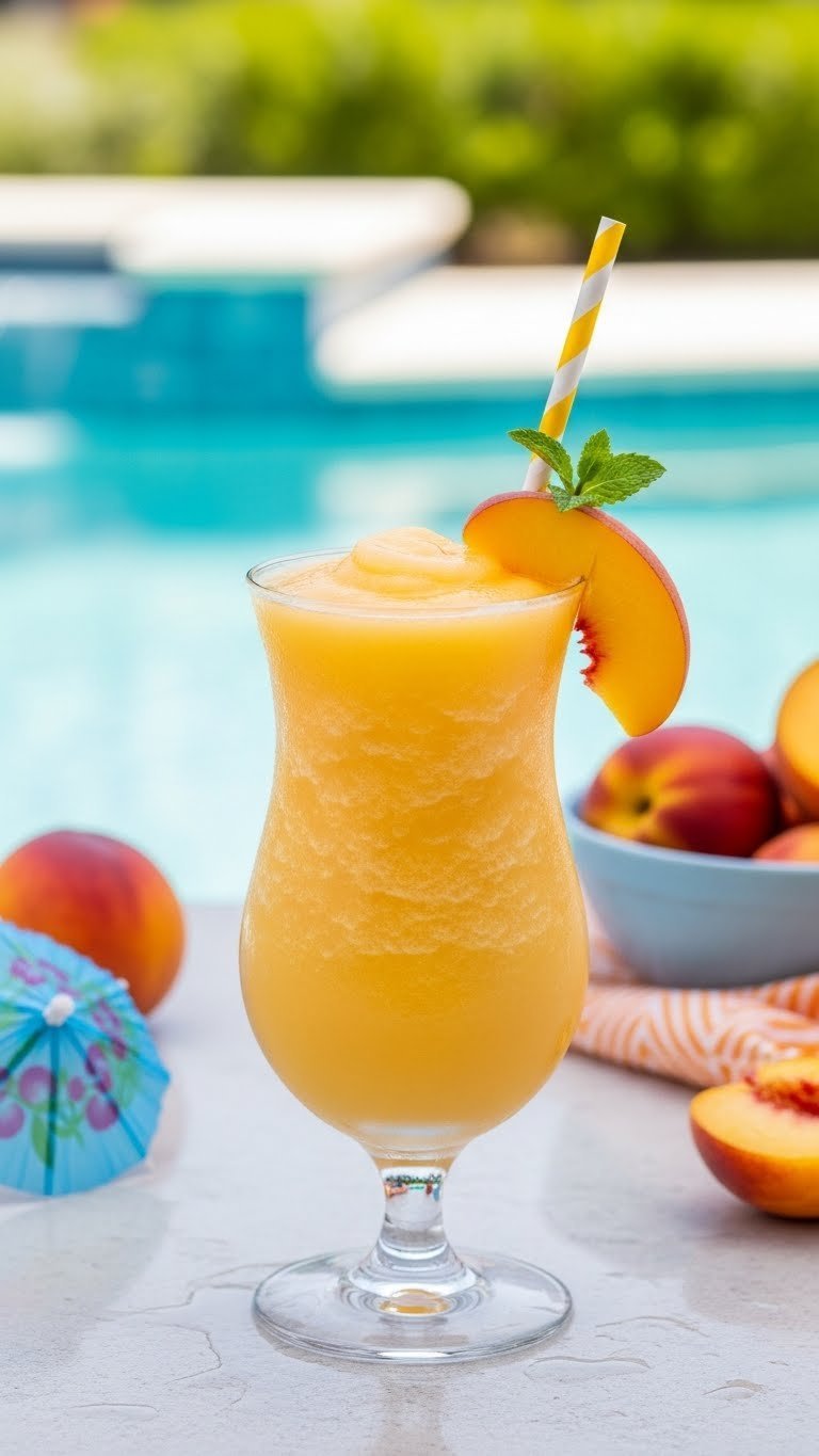 Frozen peach daiquiri in hurricane glass with colorful straw and peach slice garnish poolside setting