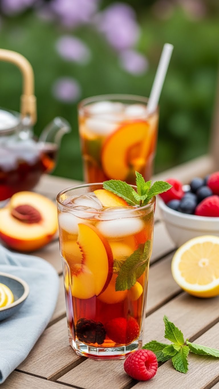 Fruity decaf iced tea in tall glass with peach slices, berries, ice cubes and mint sprig