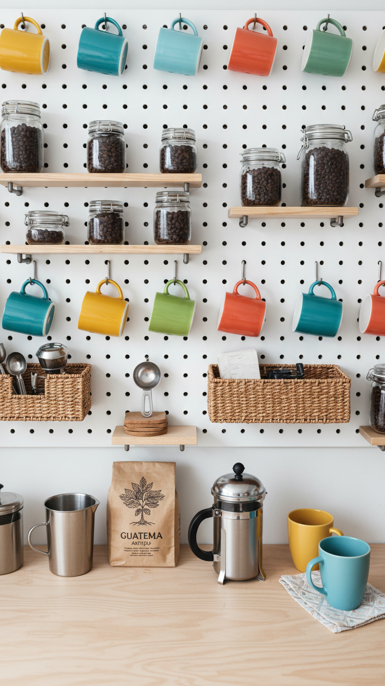 Fun organized coffee station with colorful pegboard wall displaying hanging mugs and coffee accessories