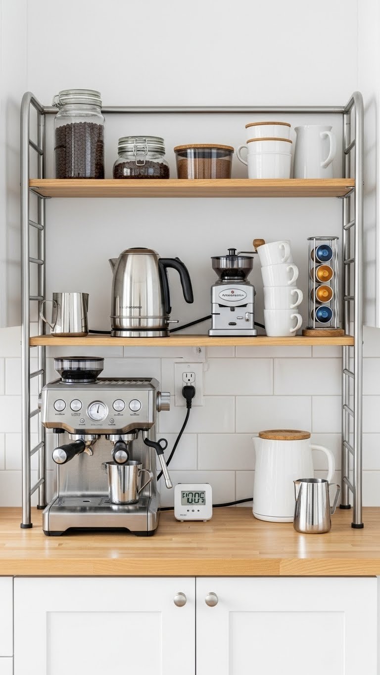 Functional coffee bar with integrated power outlet on bakers rack featuring espresso machine and electric kettle
