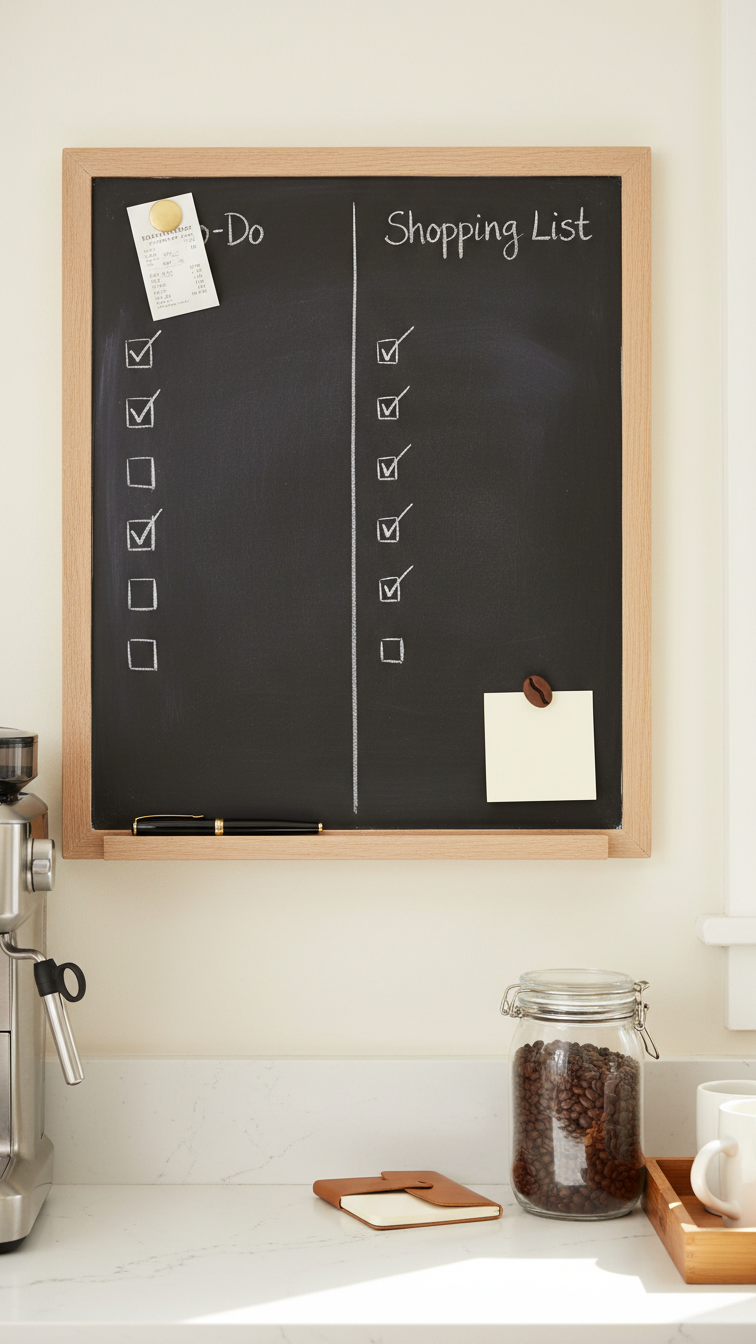 Functional magnetic chalkboard to-do and shopping list with colorful magnets and coffee beans jar in organized kitchen setting