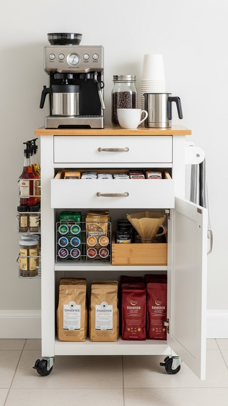 Functional rolling kitchen cart with coffee machine and organized storage compartments