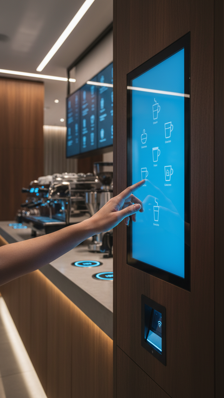 Futuristic coffee bar with touchscreen ordering kiosk, stainless steel espresso machine, and LED lighting in modern hotel