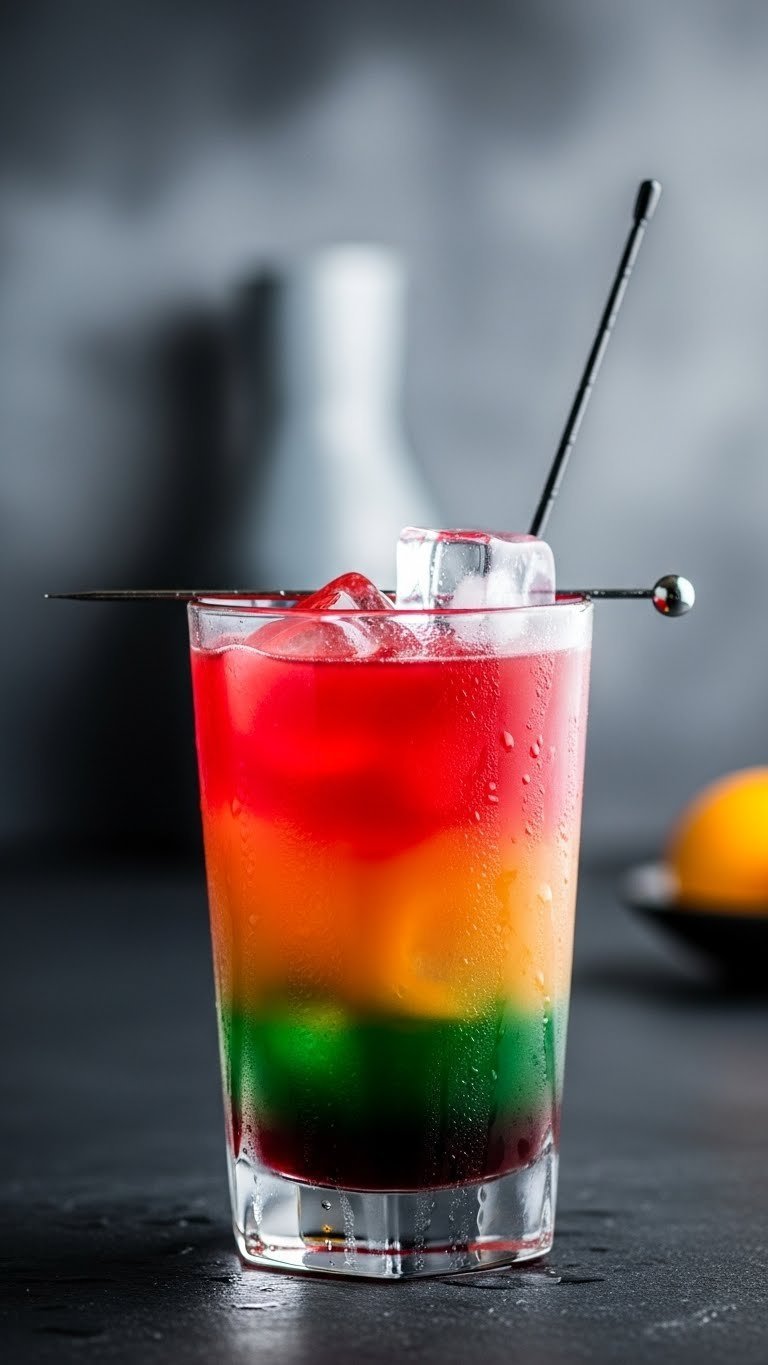 Futuristic eye-level shot of layered Dragon Ball Z Scouter Sight mocktail with red, green, and orange sections