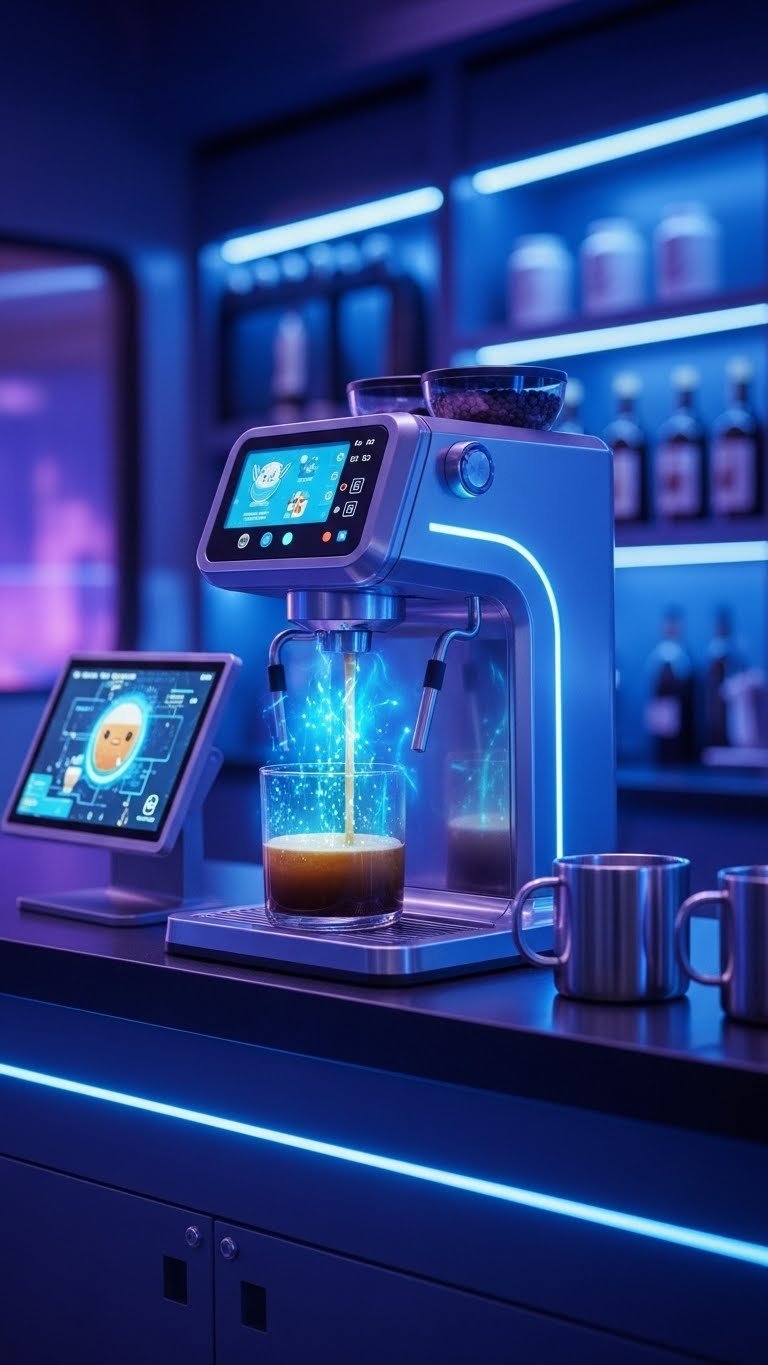 Futuristic tech Toca Boca coffee bar with glowing elements, holographic displays, and sleek minimalist design