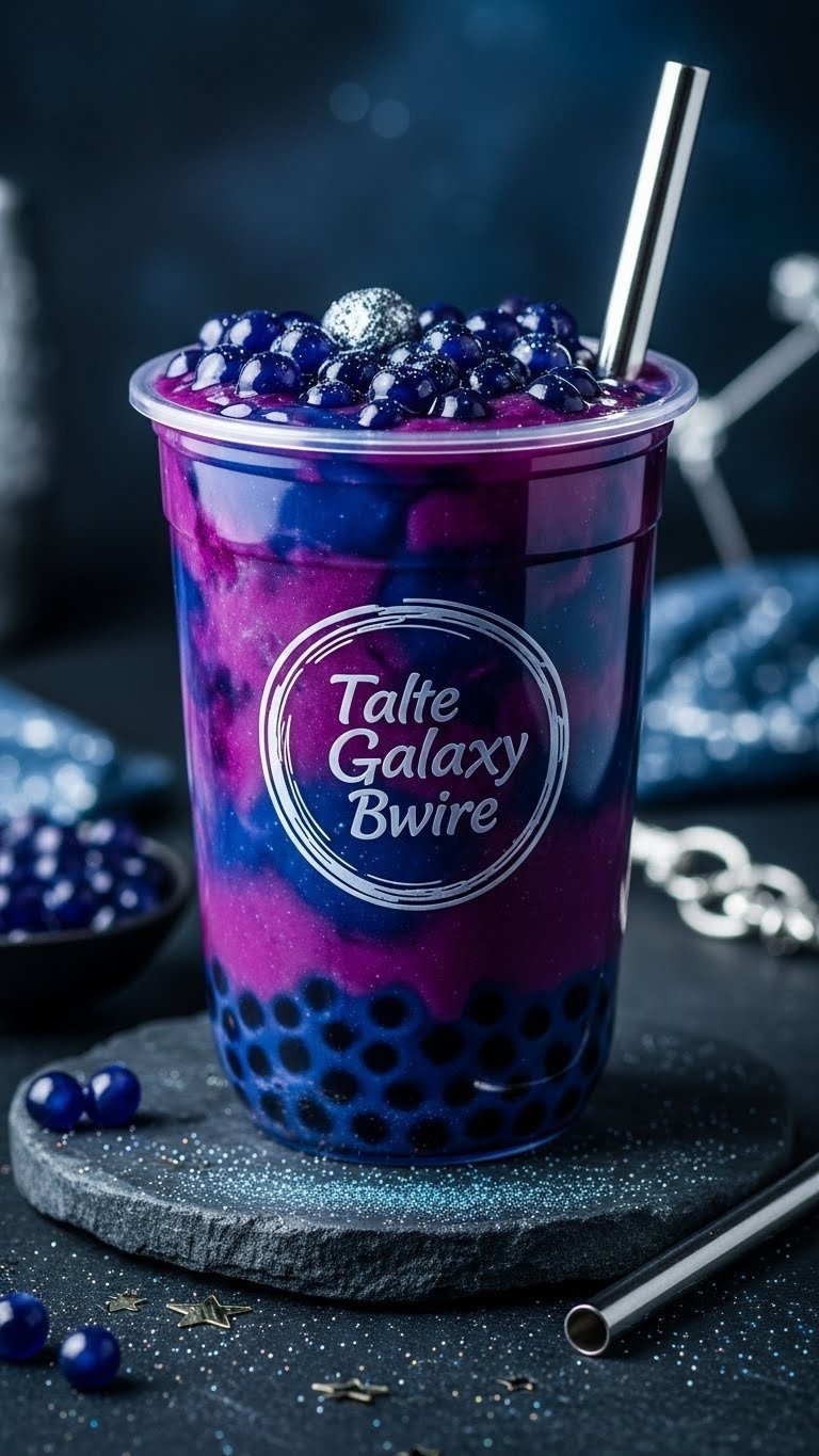 Galaxy Swirl boba drink with dark blue-purple nebula pattern and glowing tapioca pearls on polished stone surface