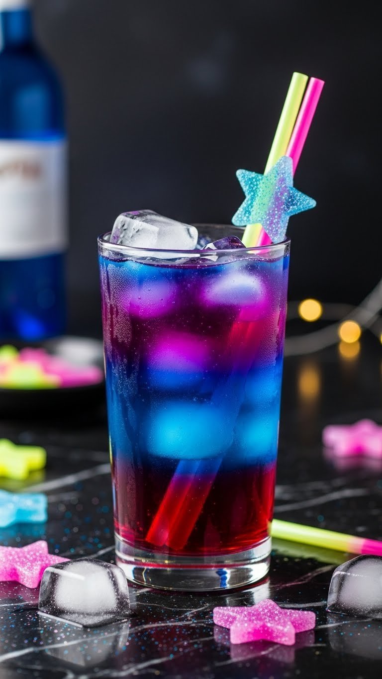 Galaxy layered drink showcasing vibrant blue, purple and red cosmic layers in clear glass