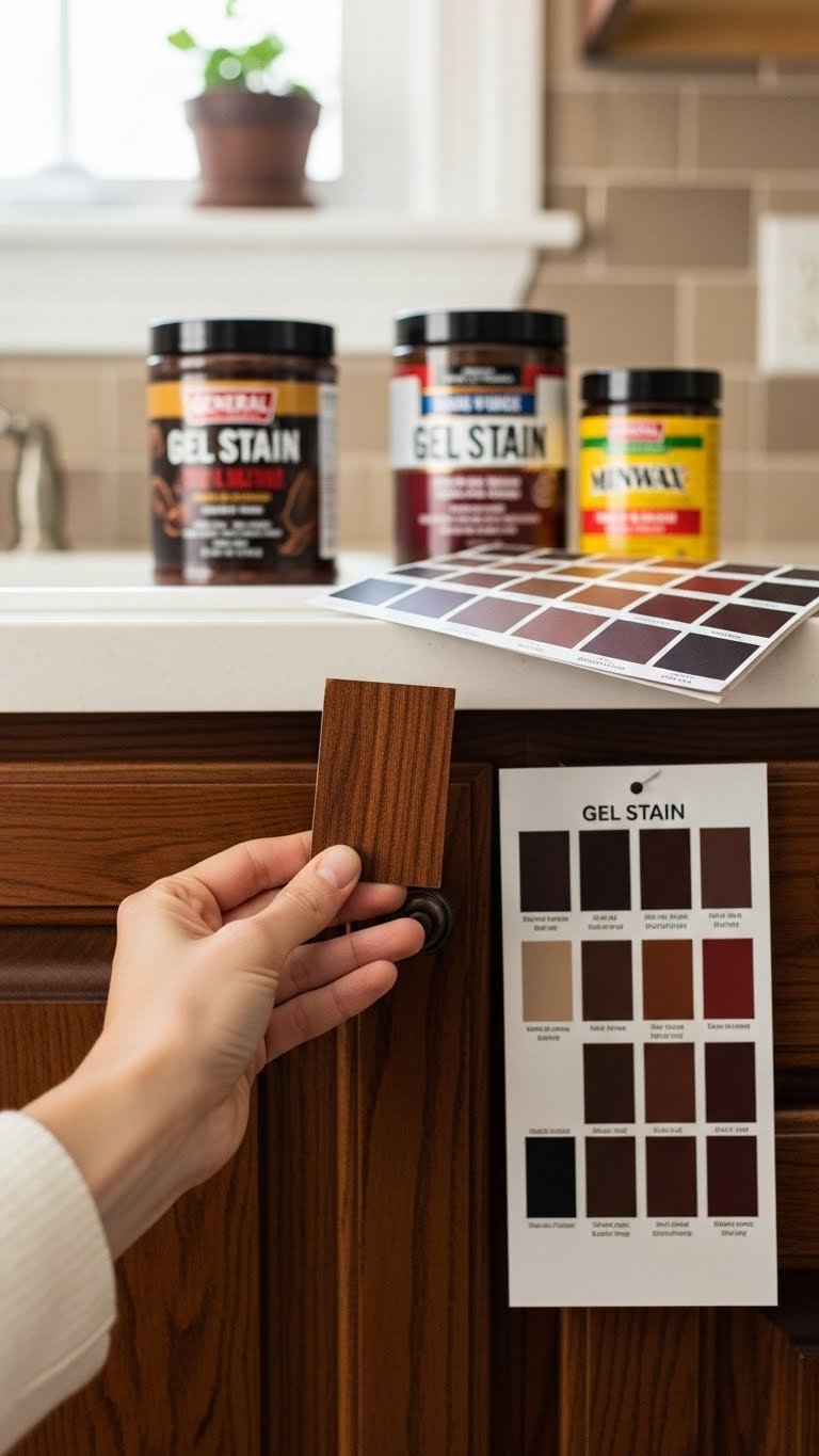 Gel stain color swatch held against kitchen cabinet door showing wood stain transformation options
