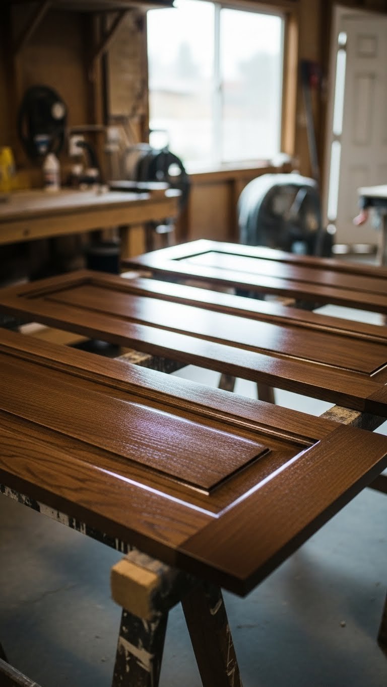 Gel-stained cabinet doors drying on rack with wet sheen showing proper drying environment setup