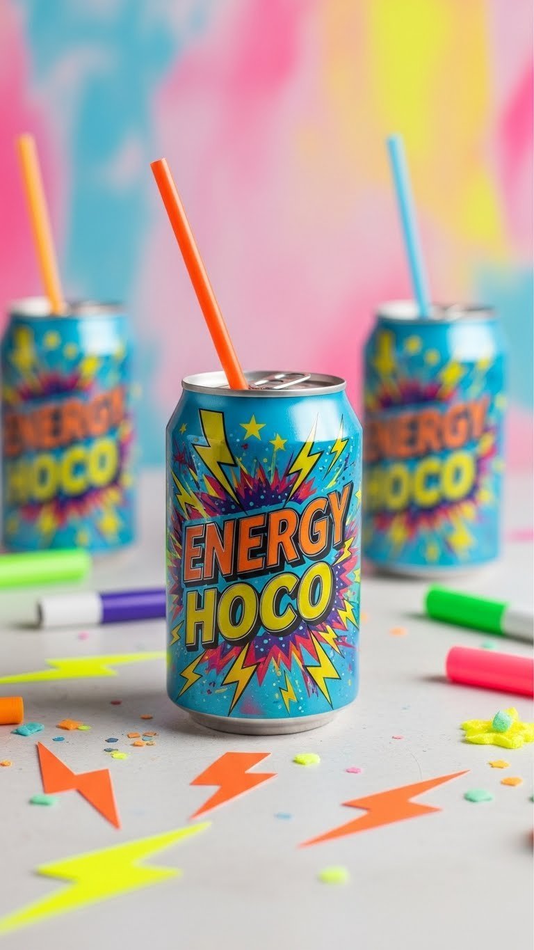 Generic energy drink hoco poster featuring colorful can with lightning bolt graphics on light surface