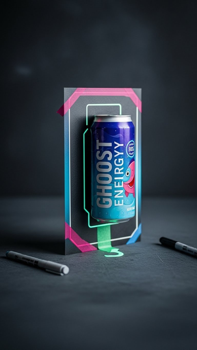 Ghost Energy drink hoco poster with sleek minimalist design and modern typography elements