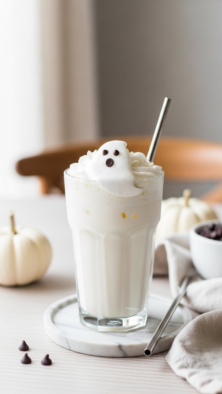 Ghostly Vanilla iced latte with ghost-shaped whipped cream and chocolate chip eye on light wooden table
