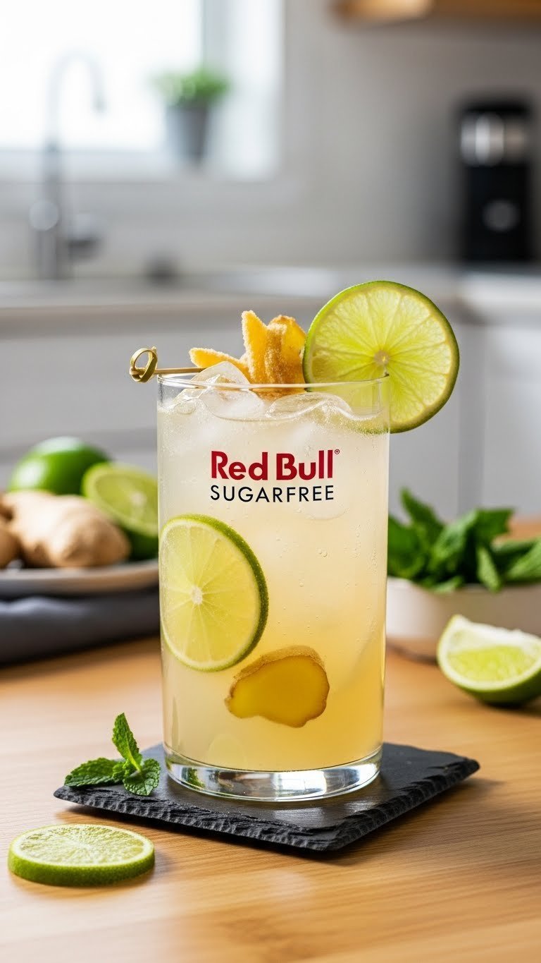 Ginger lime Red Bull reviver mocktail in copper mug with candied ginger garnish on dark slate coaster