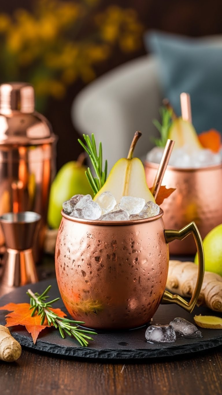 Ginger pear Moscow mule in gleaming copper mug with fresh pear slice and rosemary sprig