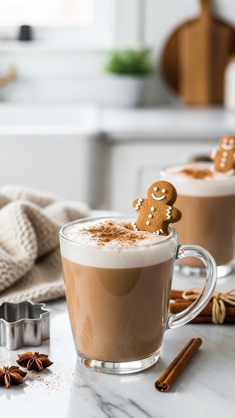 Gingerbread latte in clear glass mug with cinnamon sprinkle and miniature cookie on marble countertop