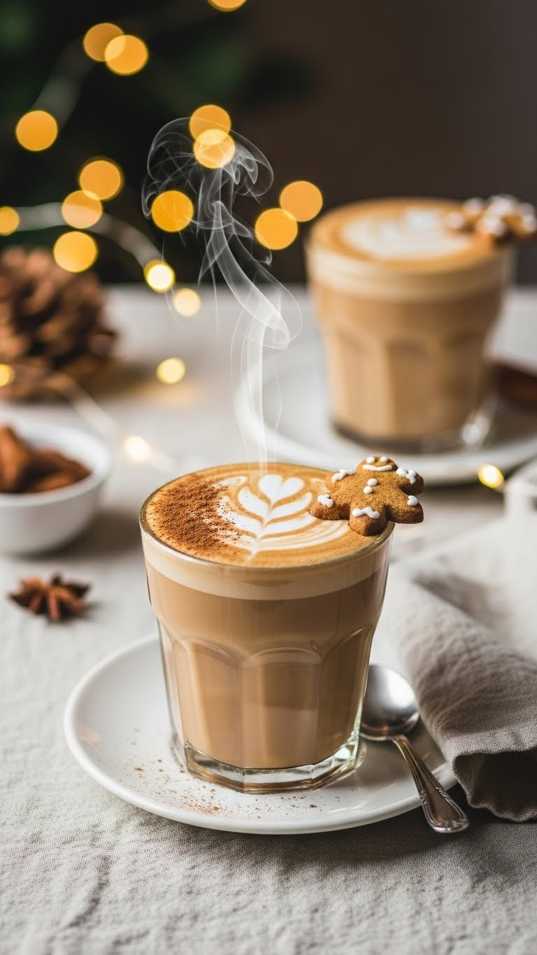 Gingerbread latte with cinnamon sprinkle and cookie garnish on linen tablecloth with holiday decorations background.