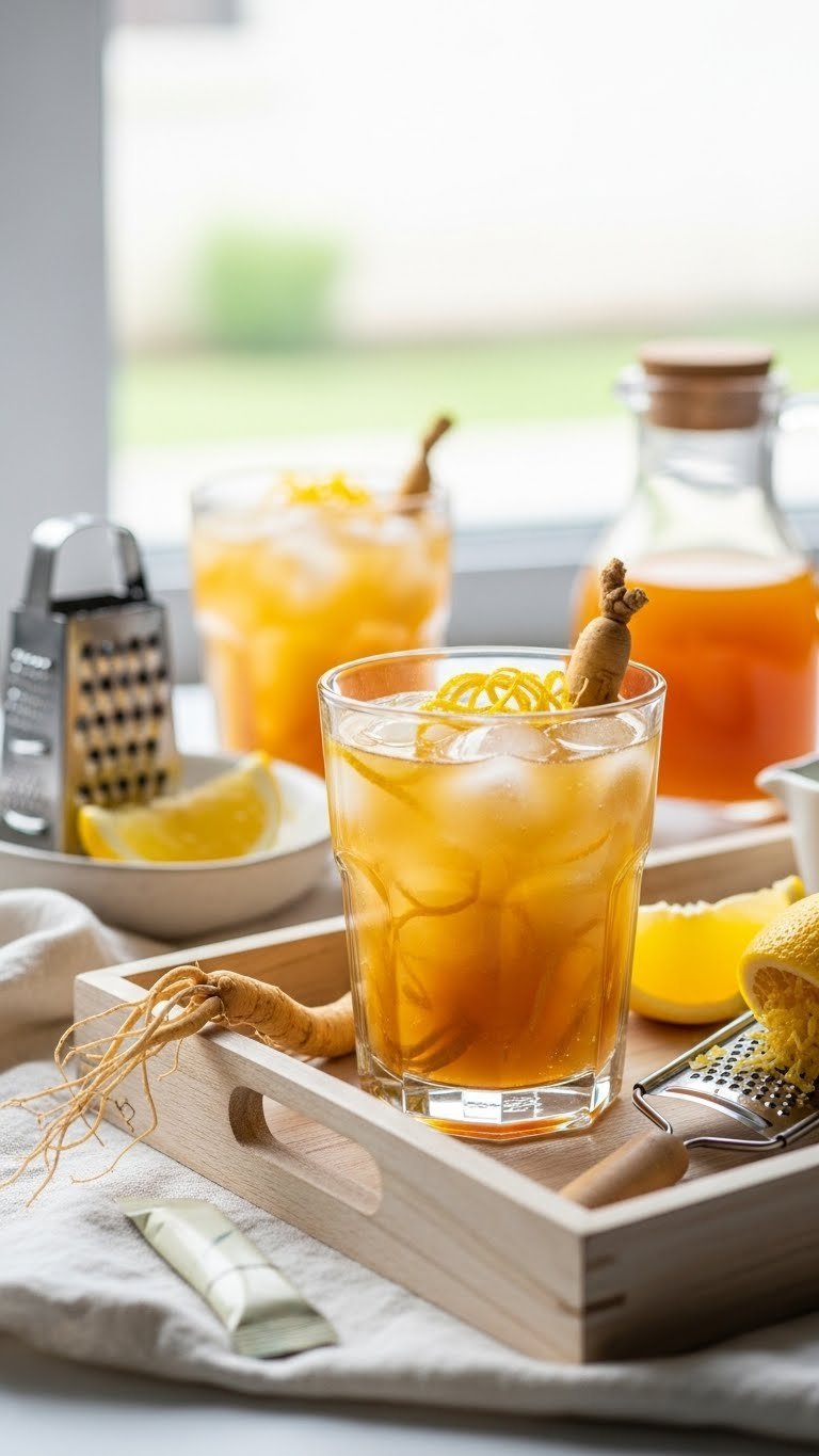 Ginseng citrus zest cold brew coffee with fresh lemon zest and ginseng slices on light wooden tray