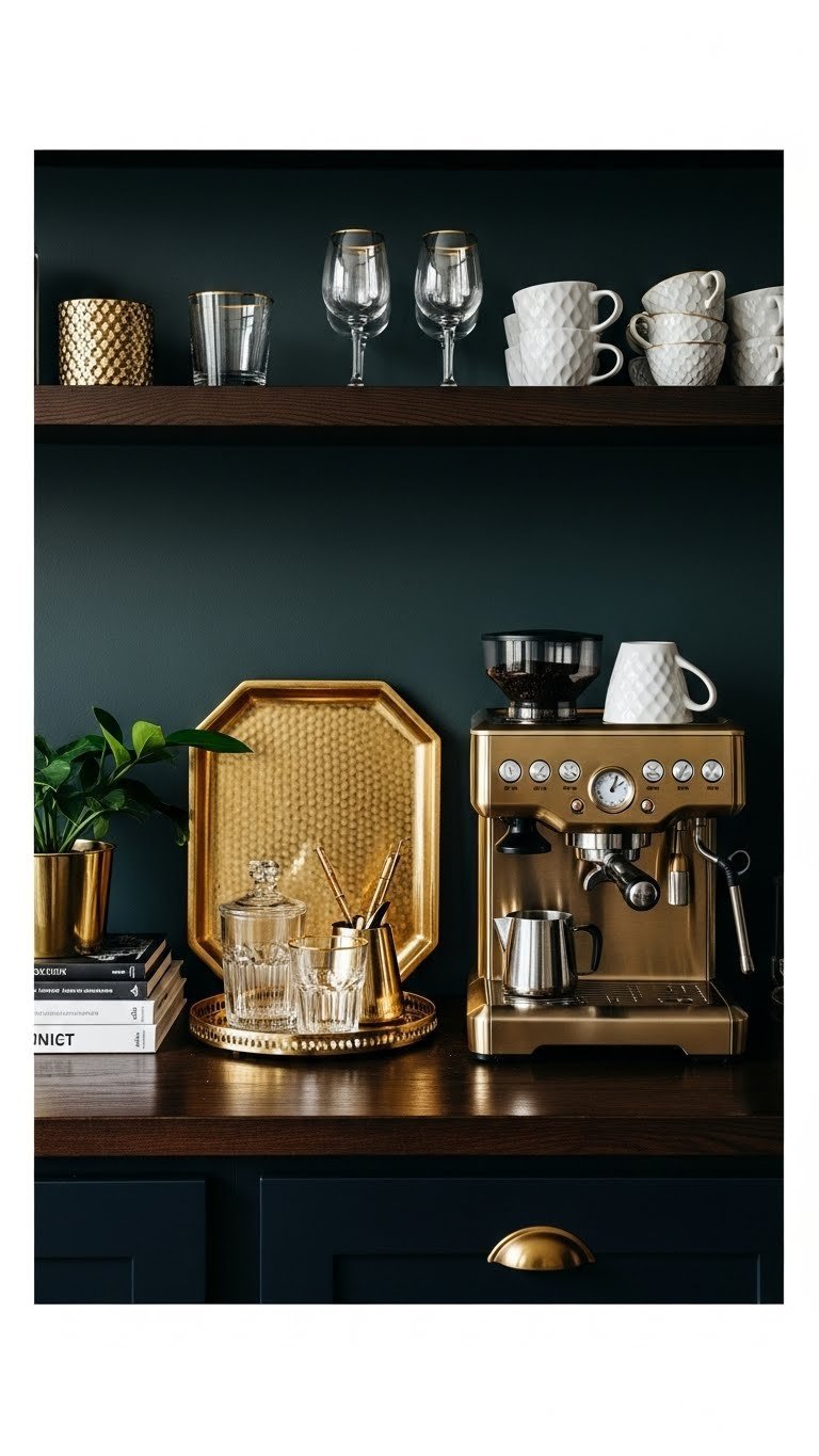 Glam coffee bar with gold espresso machine, gilded serving tray, and dark moody wall with warm golden hour lighting