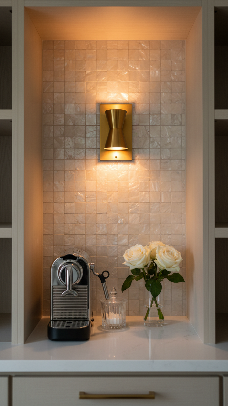 Glamorous closet coffee bar with mother-of-pearl mosaic tile backsplash, brass sconce, and white quartz countertop