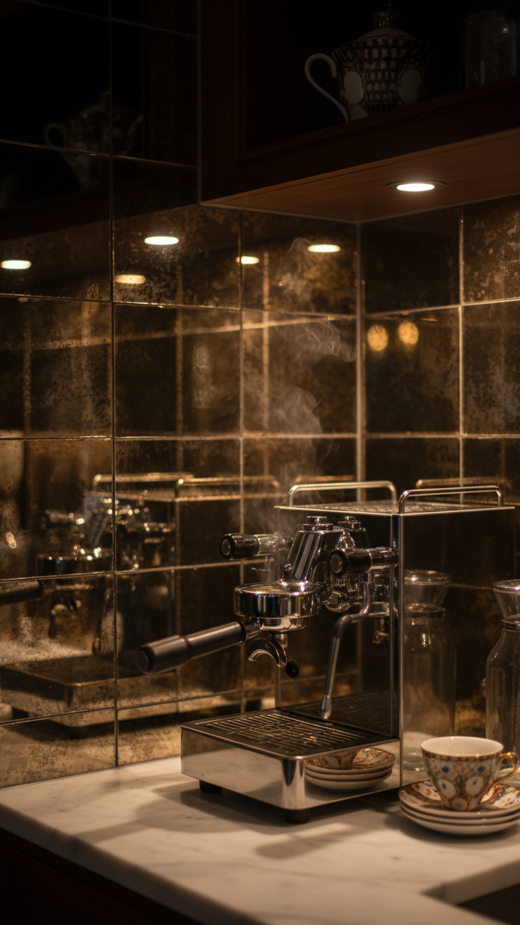 Glamorous coffee nook with antique mirror backsplash and chrome espresso machine under dramatic lighting