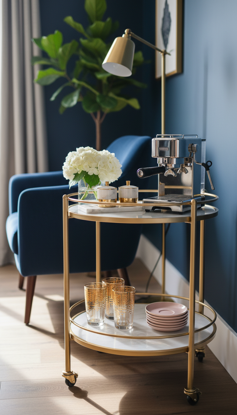 Glamorous gold coffee cart with two tiers featuring chrome espresso machine and marble tray in living room corner.