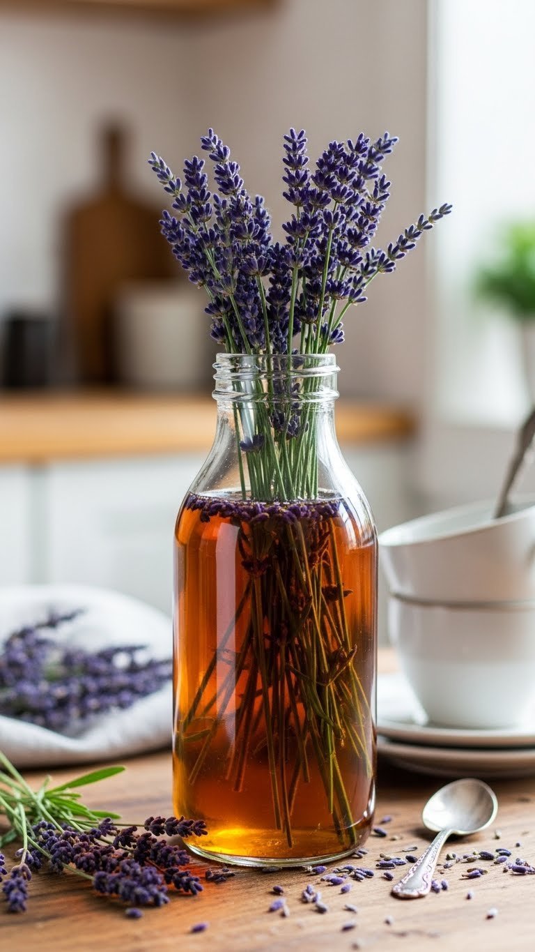 Glass bottle of amber-hued homemade lavender syrup with purple buds infused, surrounded by fresh lavender sprigs on rustic wooden table