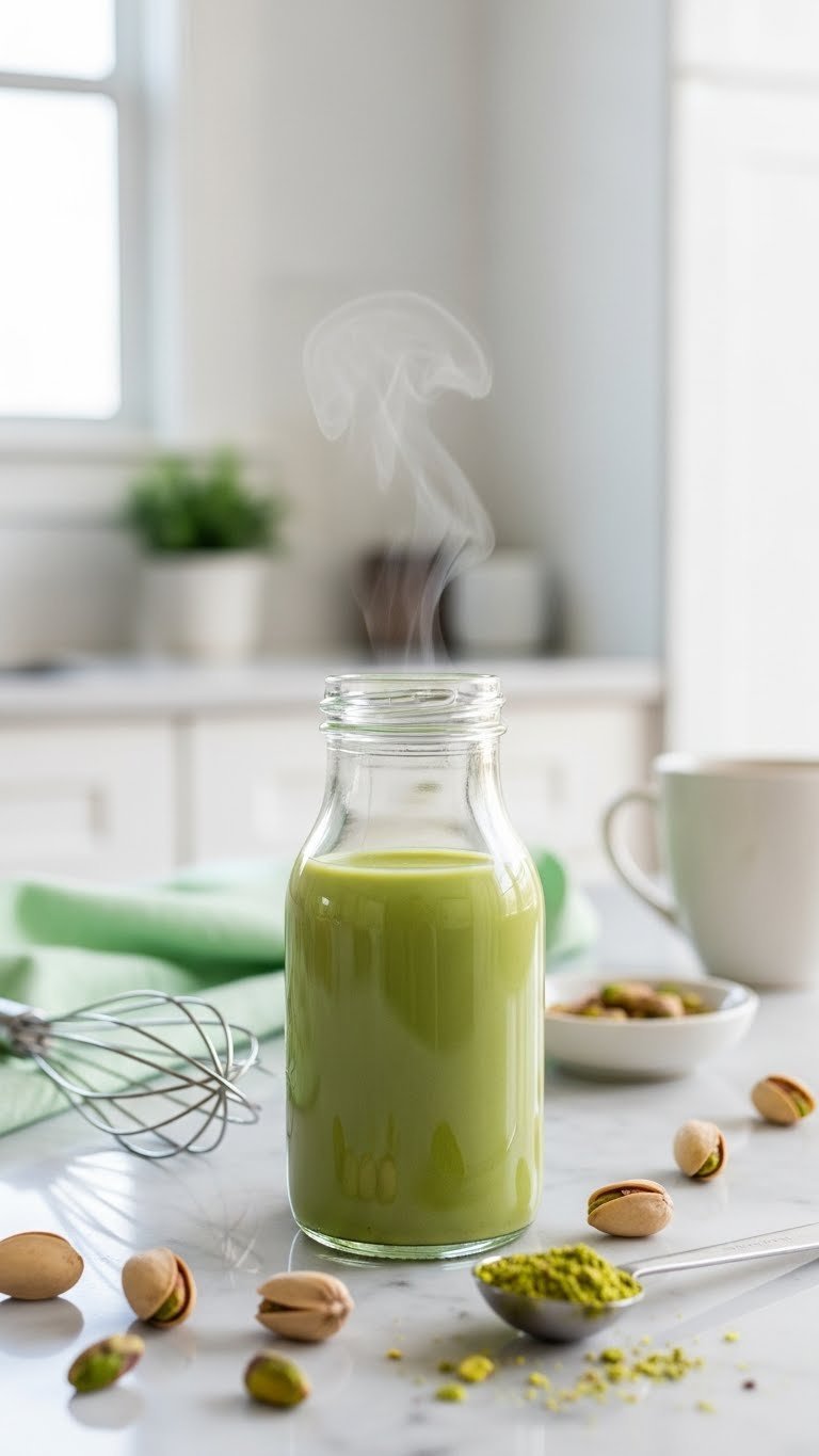 Glass bottle of homemade pistachio coffee syrup on marble counter with scattered pistachios and kitchen tools in soft focus