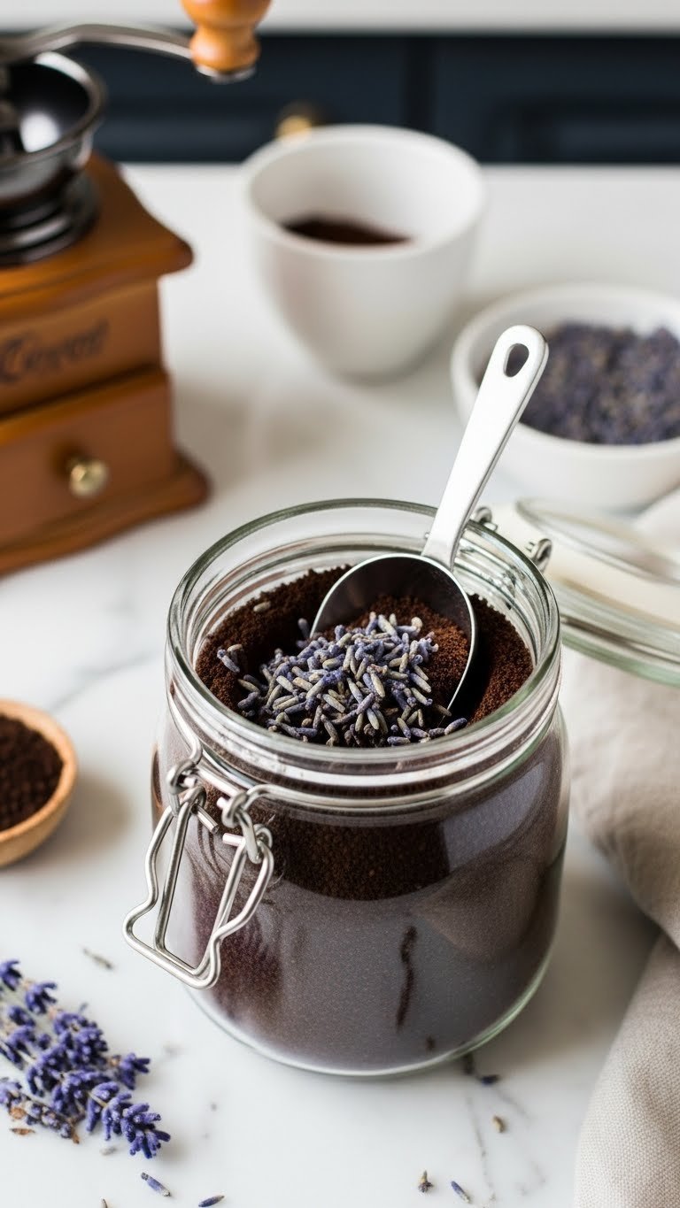 Glass jar filled with ground coffee blended with dried purple lavender buds and scoop resting inside on marble countertop