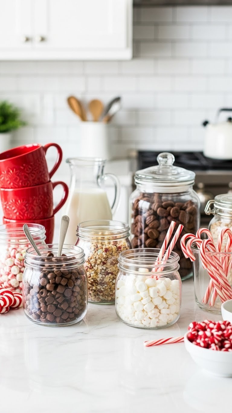 Glass jars filled with hot cocoa toppings displayed on white marble countertop with festive mugs and candy canes nearby.