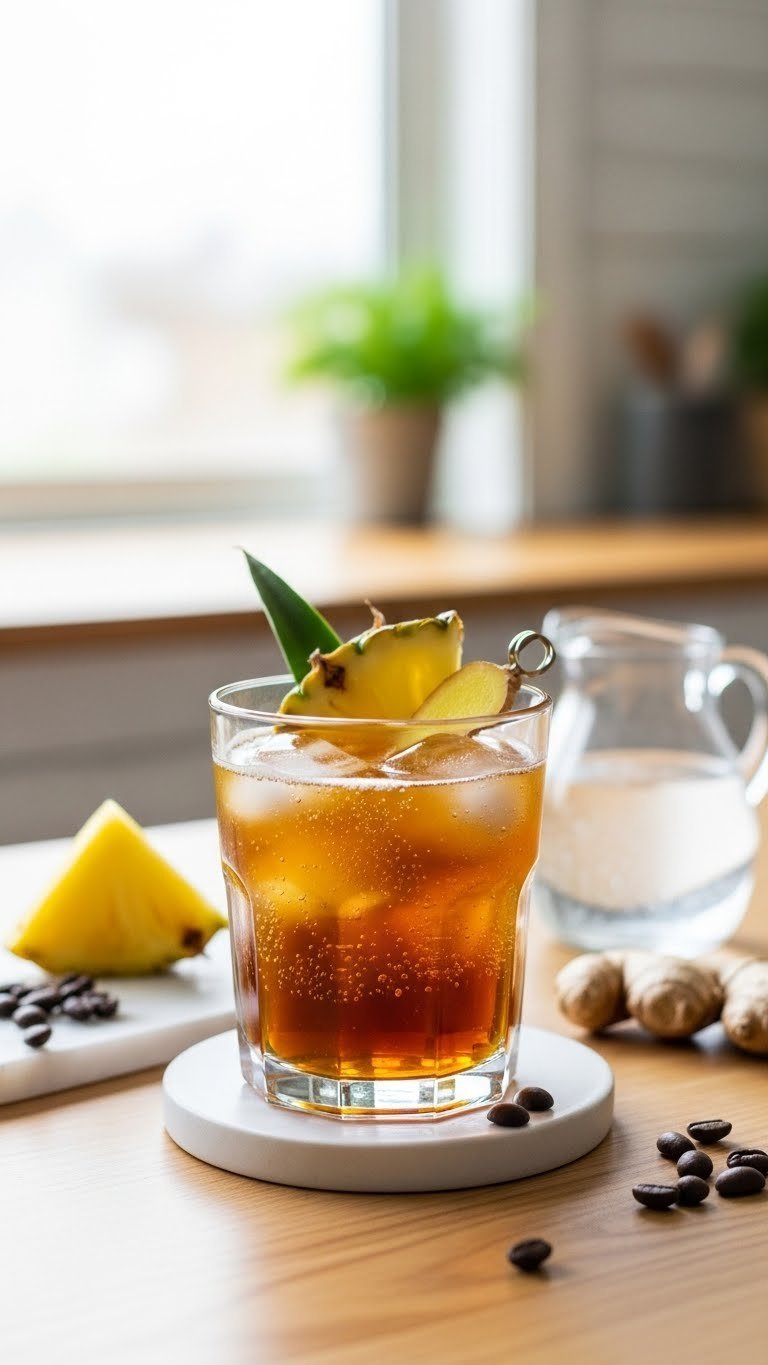Glass of pineapple ginger infused coffee with fresh pineapple slice garnish on white ceramic coaster