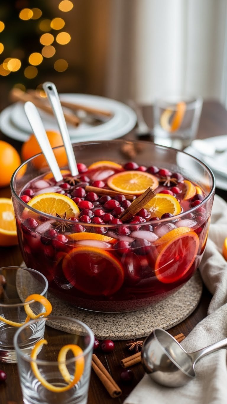 Glass punch bowl overflowing with vibrant spiced cranberry orange punch garnished with fresh orange slices and cinnamon sticks