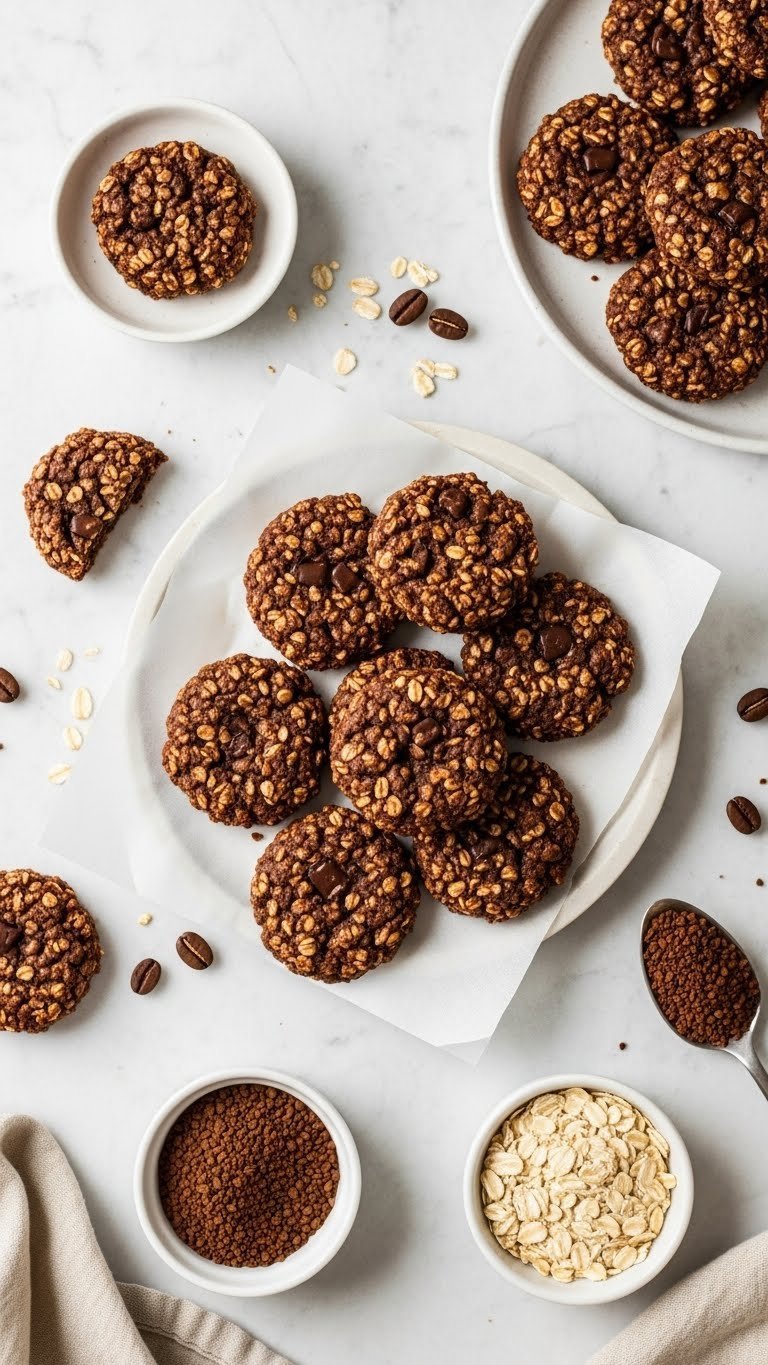 Glossy no-bake coffee cookies with oats and chocolate on parchment paper, next to instant coffee and rolled oats.