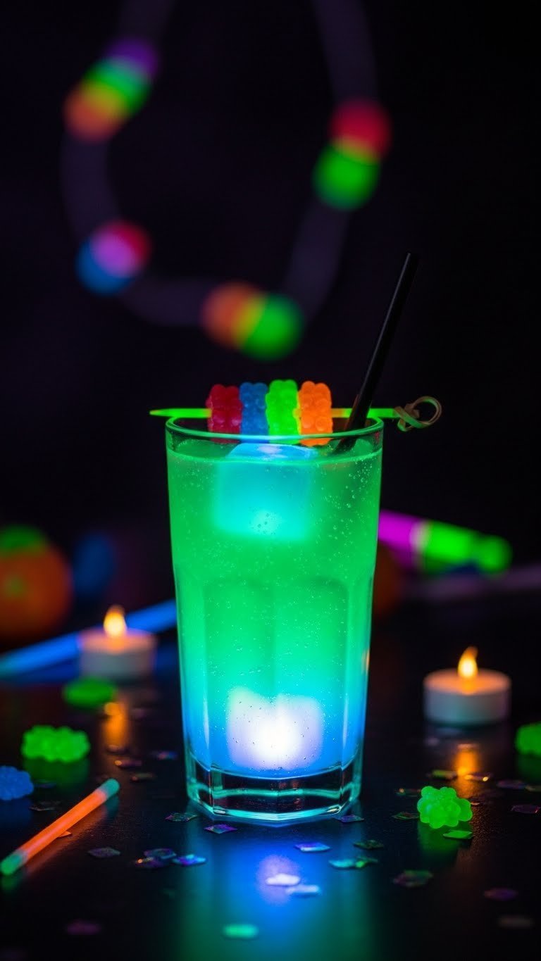 Glowing luminescent mocktail with neon gummy candies in tall highball glass on dark reflective surface