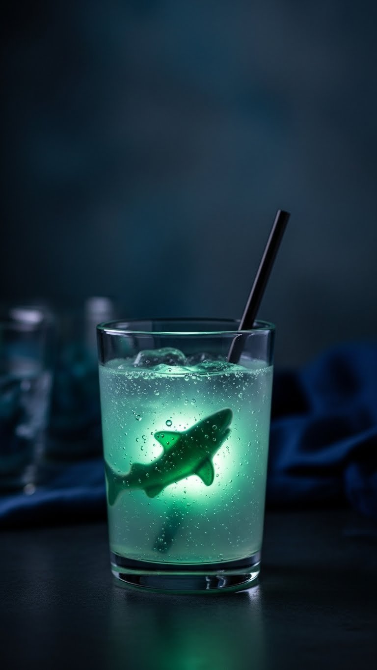 Glowing pale blue bio-luminescent drink with illuminated gummy shark in dark mysterious setting
