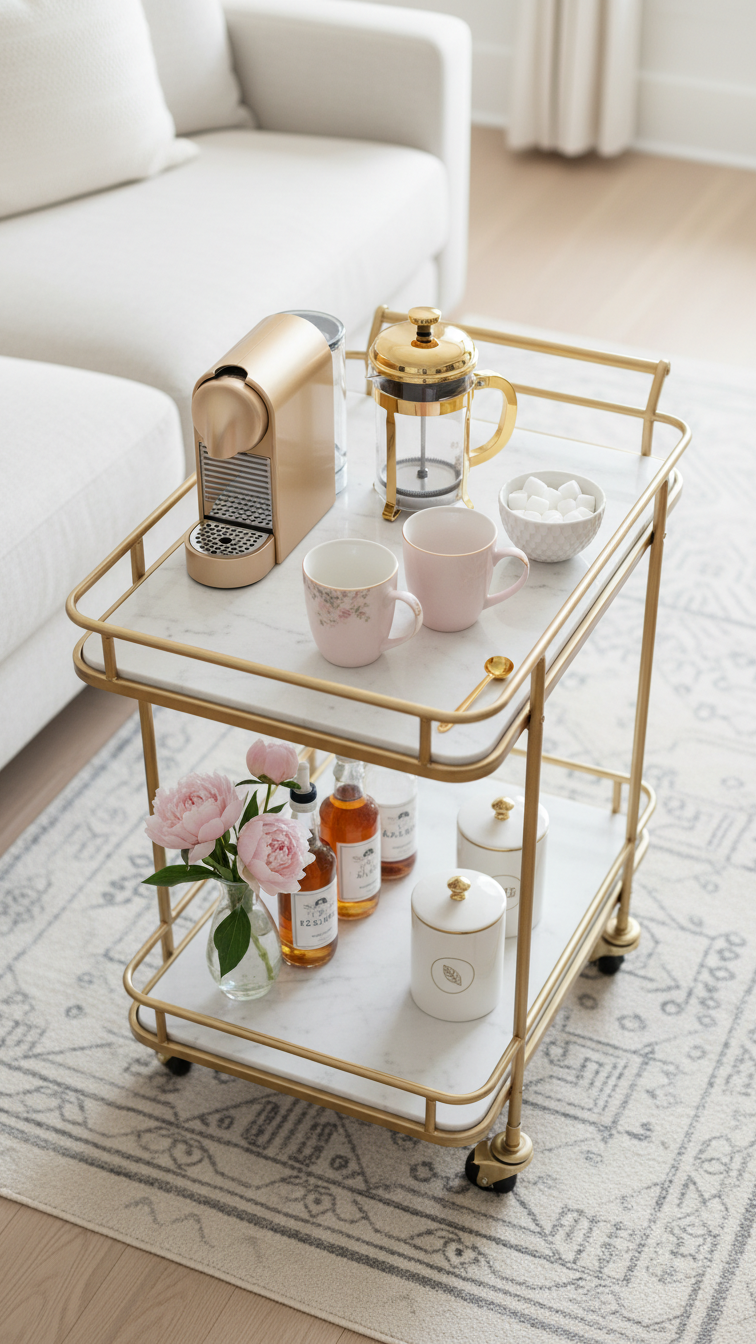 Gold and marble bar cart mobile coffee station with French press, mugs, and syrup bottles