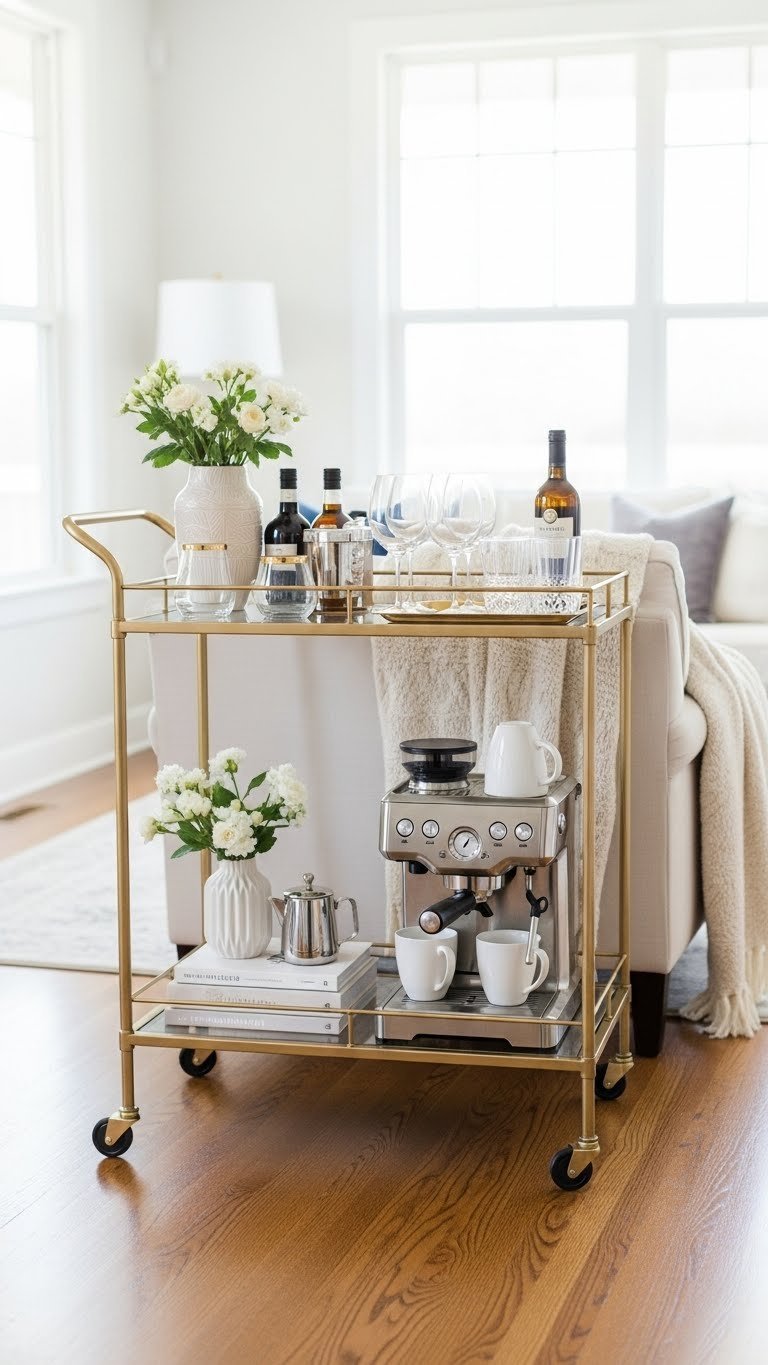 Gold-finished bar cart transformed into mobile coffee station with espresso machine in bright living room setting